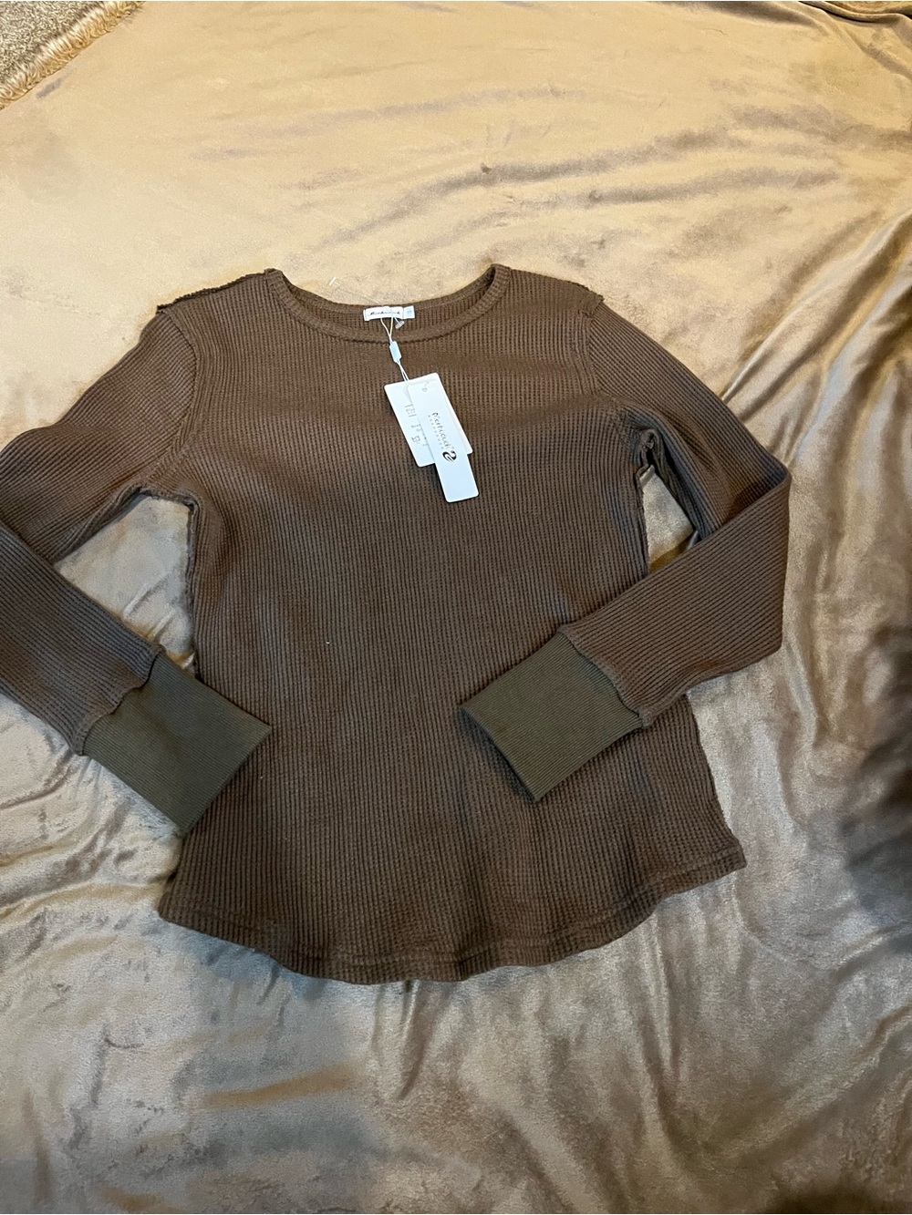 Ribbed Brown Crewneck Sweater with Olive Cuffs